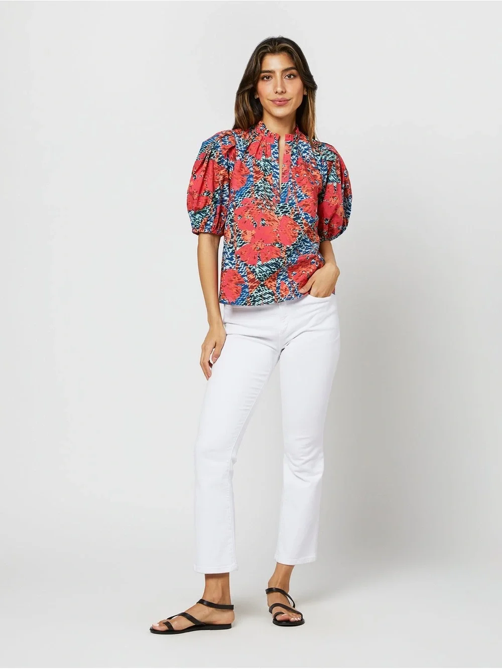 Ulla Johnson Tillie Top in Flamingo puff sleeve v neck cotton